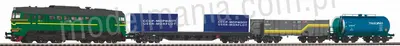 Pociąg towarowy M62 + 3 wagon odkryty, cysterna i platforma z kontenerami