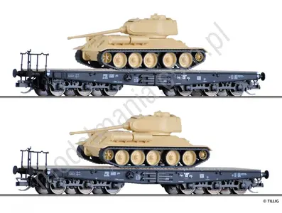 Zestaw dwóch wagonów platform SSyms z czołgami T-34/85 (eszelon)
