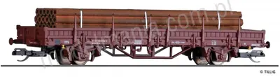 Wagon towarowy platforma niskoburtowa typ Ks z ładunkiem rur stalowych