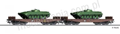 Zestaw 2 wagonów platform Rmms 3960 z łaunkiem transporterów BMP-1 "NVA"